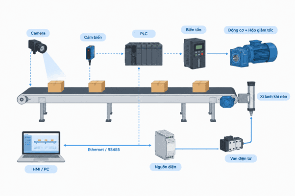 PLC trong hệ thống băng tải